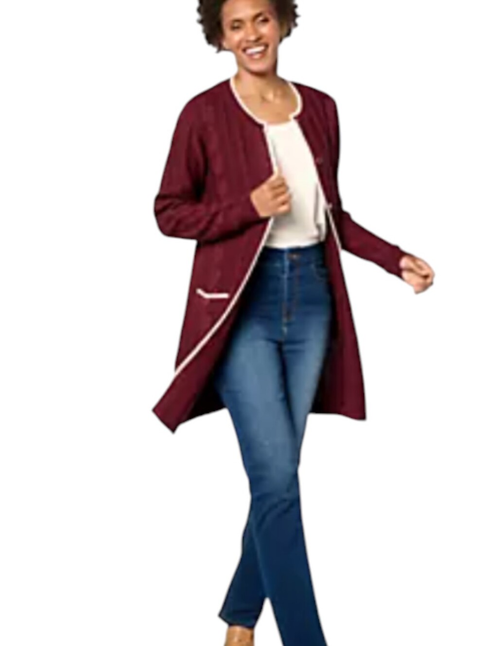 Susan Graver Burgundy Long Buuton Front Cable Knit Duster Cardigan Cream Trim 1X